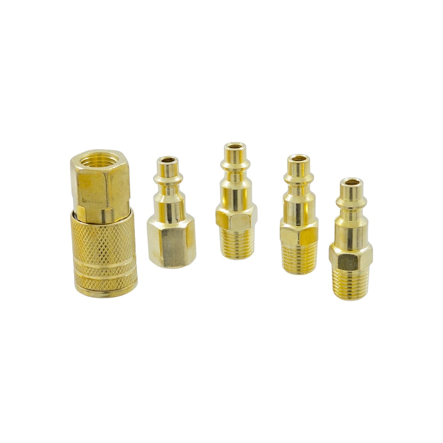 Set de 5 coples rápidos de latón dorado para compresora, incluye conector hembra y 4 acoples machos roscados.