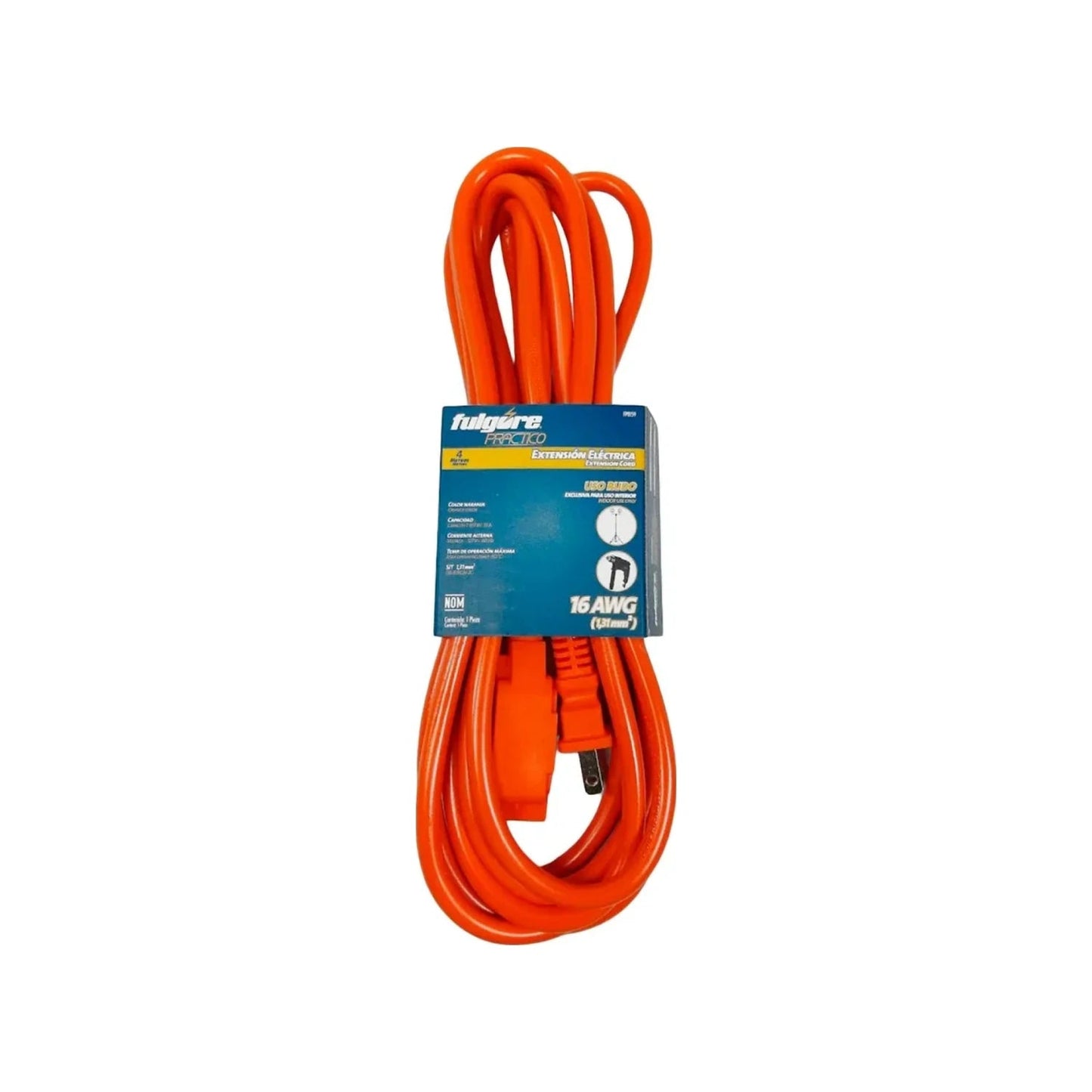 Extensión eléctrica naranja Fulgore 4 metros, calibre 16 AWG, uso rudo