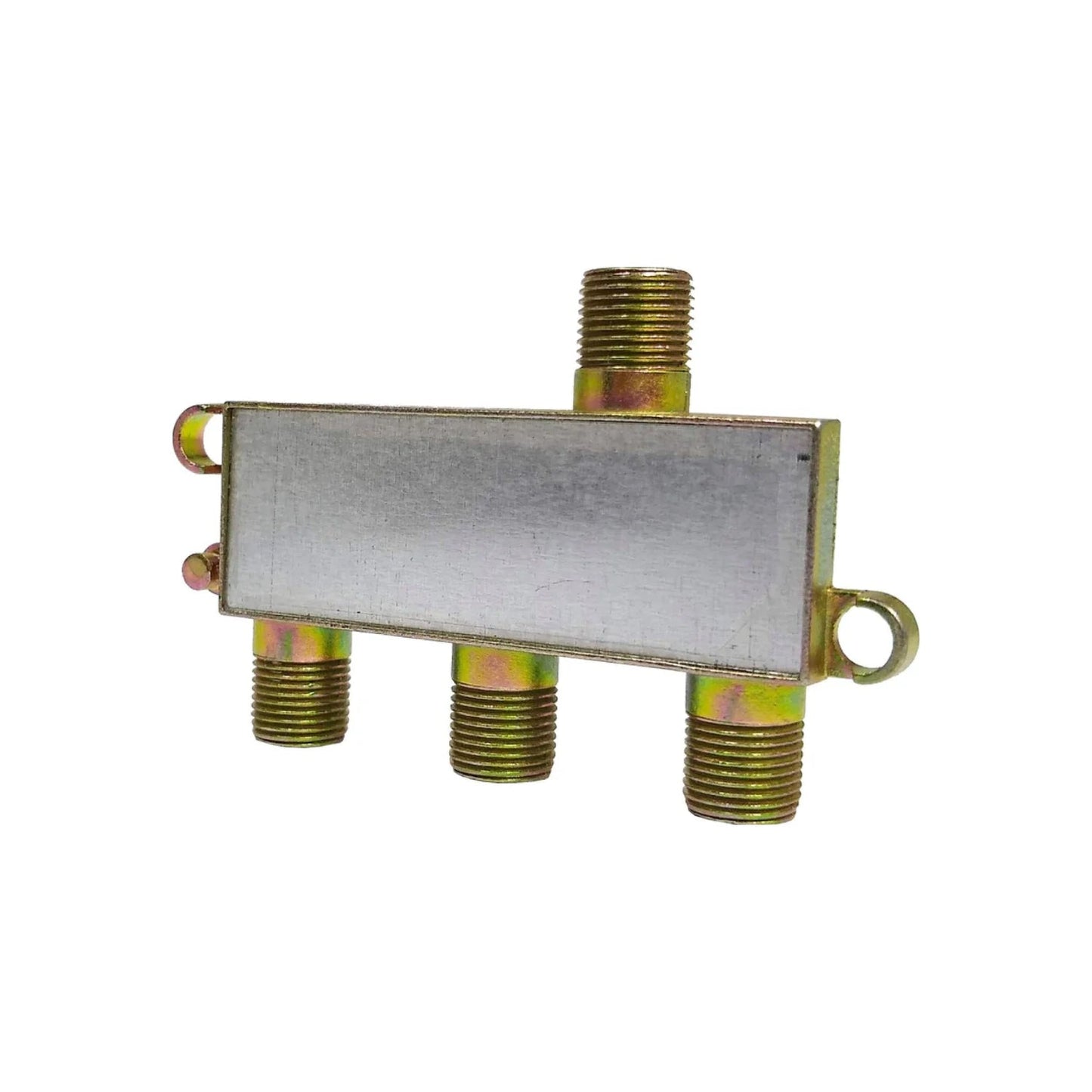 Divisor de señal 3 vías F-type metálico para cable coaxial y antena, con conectores dorados.