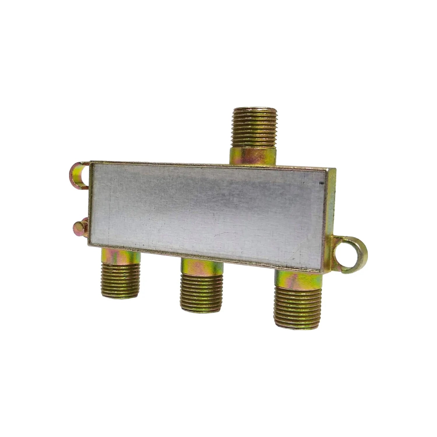Divisor de señal 3 vías F-type metálico para cable coaxial y antena, con conectores dorados.