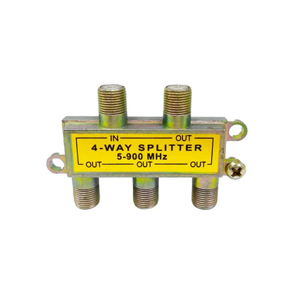 Divisor de señal coaxial 4 vías metálico, rango 5-900 MHz, para televisión y antena, montaje sencillo.