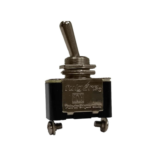 Interruptor de palanca Fulgore con dos terminales de tornillo, acabado metálico y base negra para control eléctrico