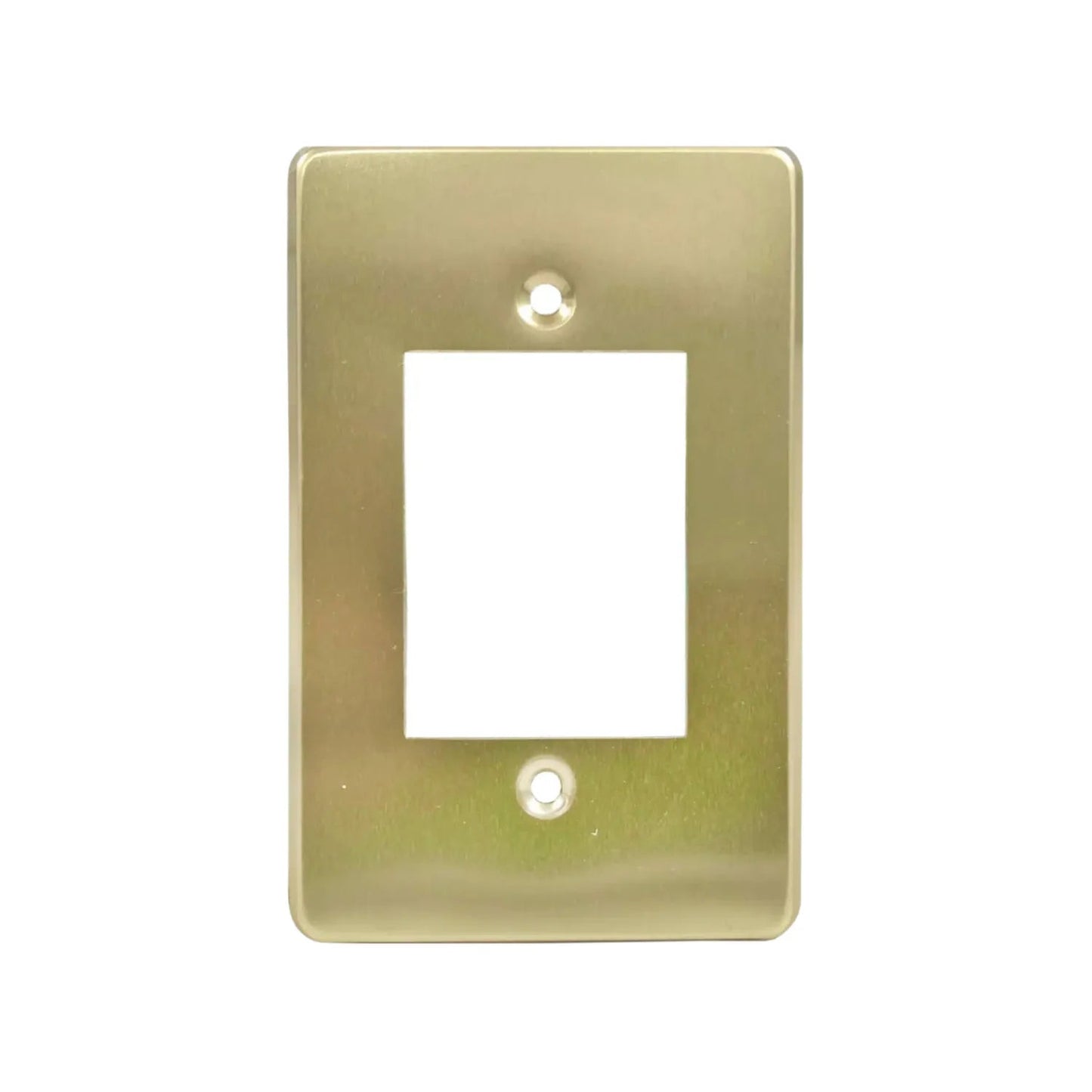 Placa de pared dorada metálica con una ventana cuadrada para instalaciones eléctricas o datos, acabado cepillado.