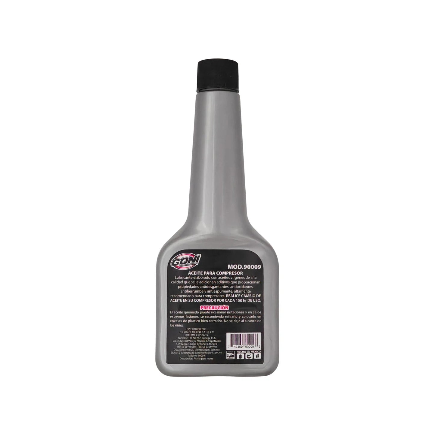 Aceite lubricante para compresor GONI 250 ml MOD.90009, botella gris con tapa negra para mantenimiento