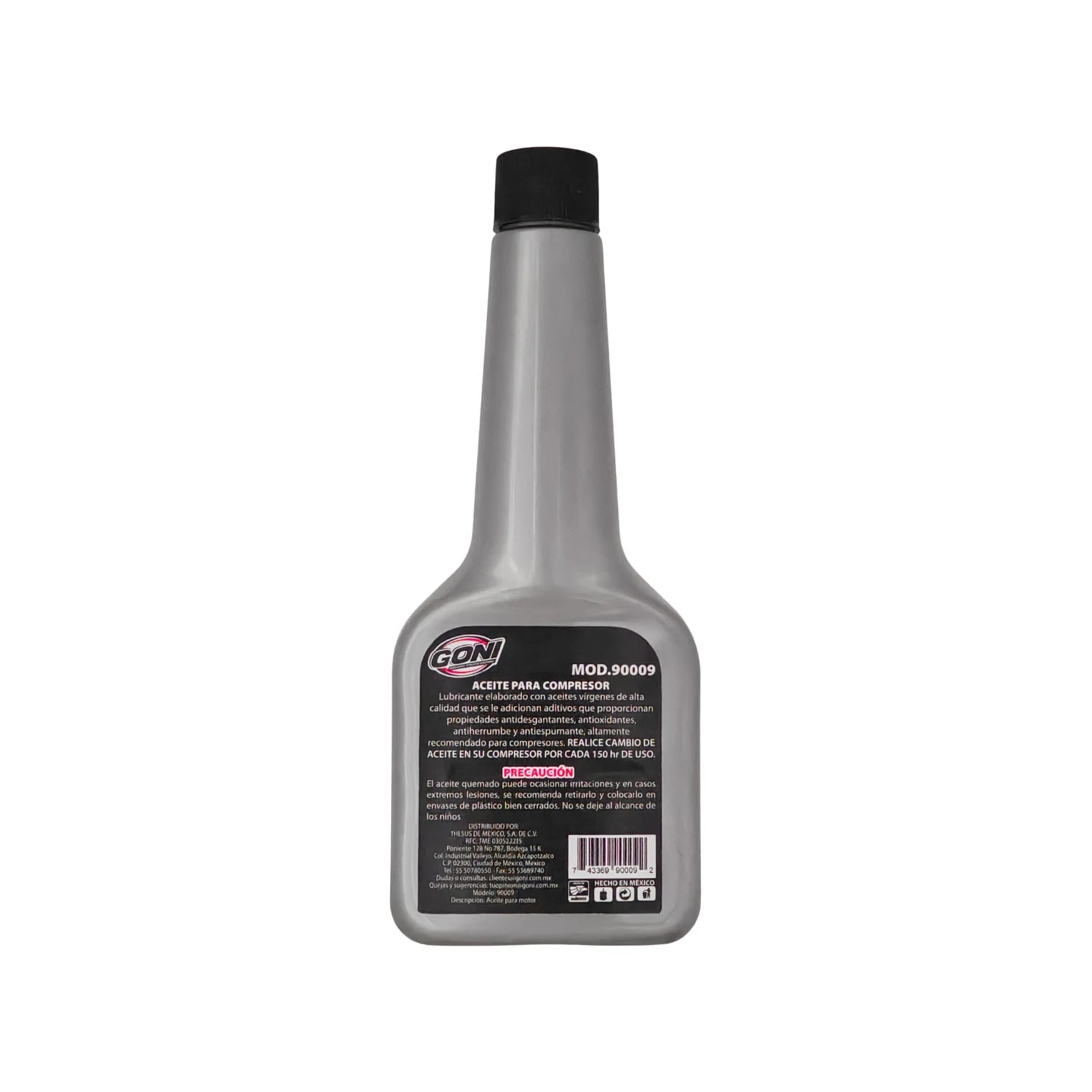 Aceite lubricante para compresor GONI 250 ml MOD.90009, botella gris con tapa negra para mantenimiento