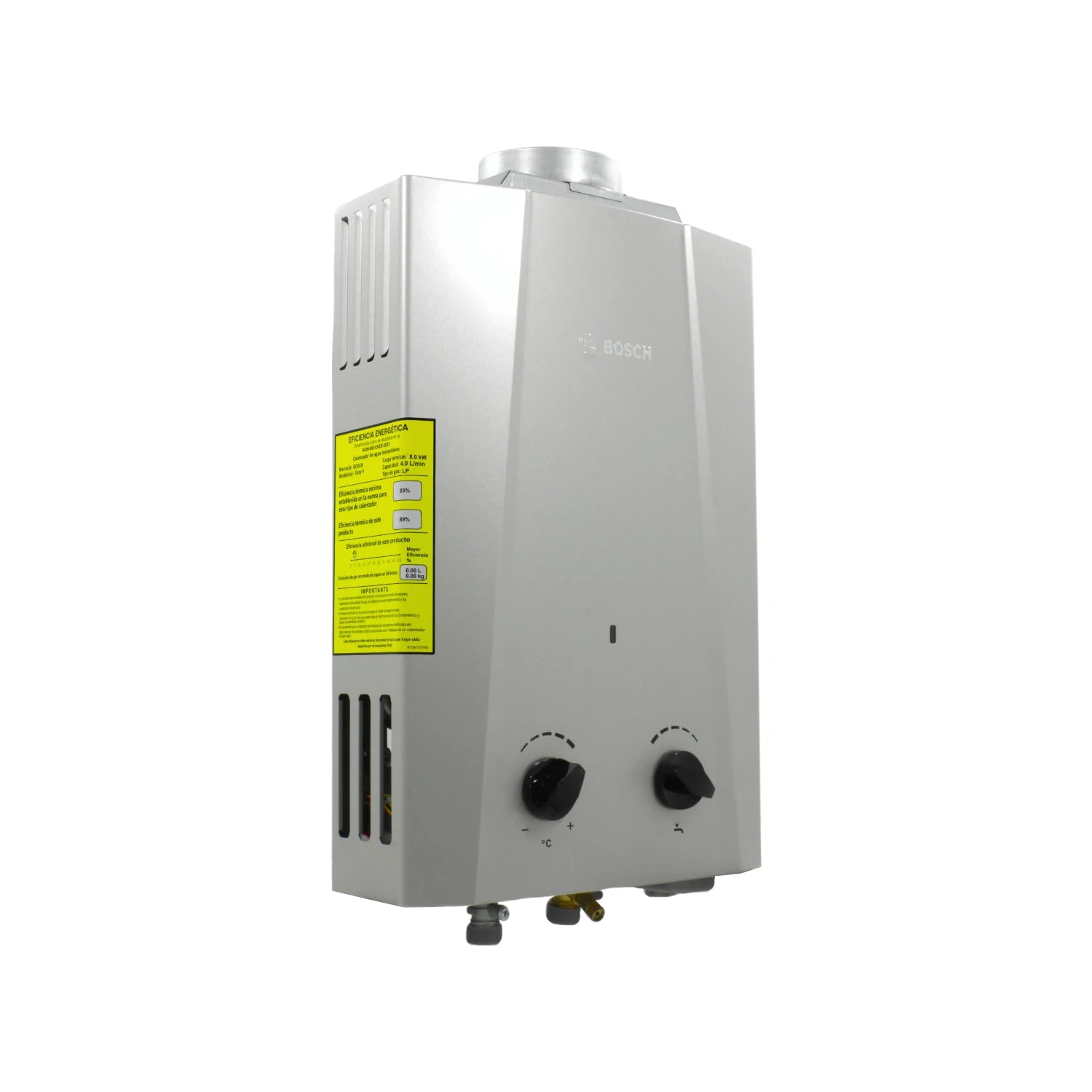 Boiler instantáneo Bosch plateado de gas natural. Calentador eficiente con controles manuales.