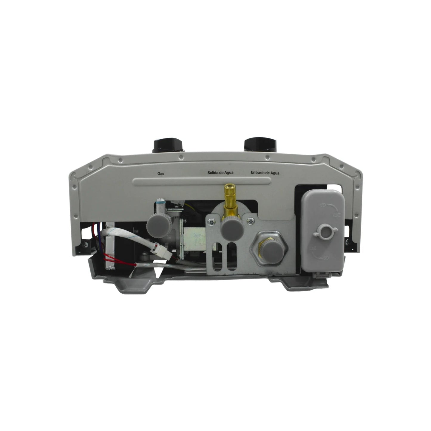 Boiler instantáneo a gas natural, conexiones de gas, entrada y salida de agua, componentes internos.