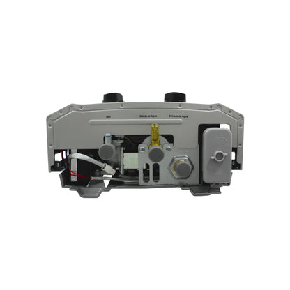 Boiler instantáneo a gas natural, conexiones de gas, entrada y salida de agua, componentes internos.