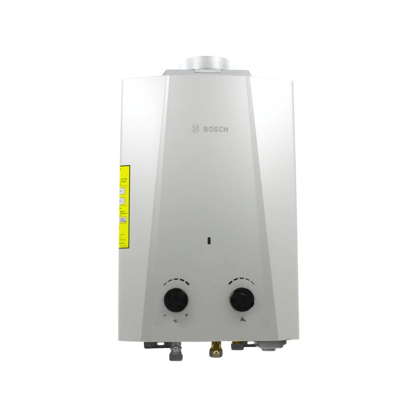 Boiler instantáneo Bosch blanco, para gas natural, con perillas de control de temperatura y flujo.