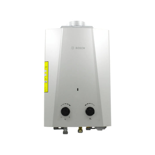 Boiler instantáneo Bosch blanco, para gas natural, con perillas de control de temperatura y flujo.