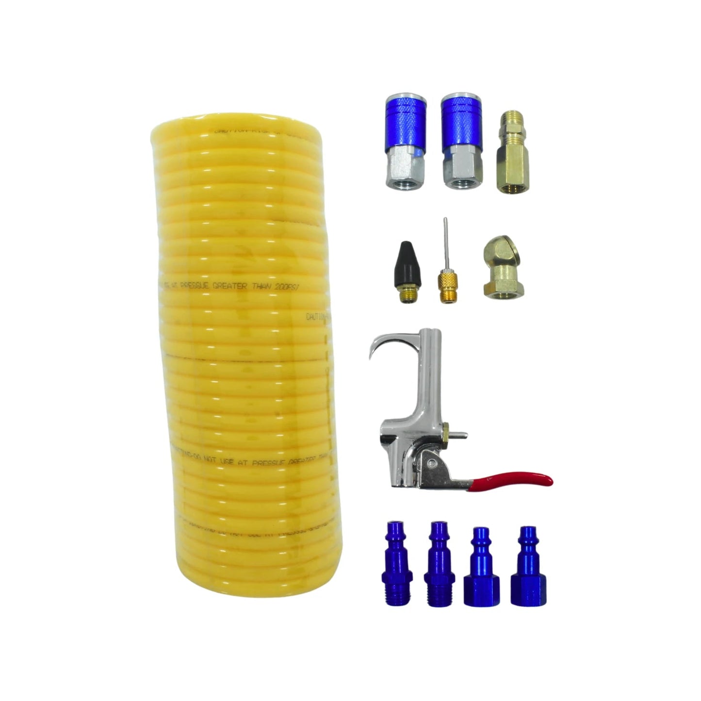 Manguera aire amarilla PVC 1/4" y kit de accesorios para compresora: acoples rápidos, boquillas, pistola soplado