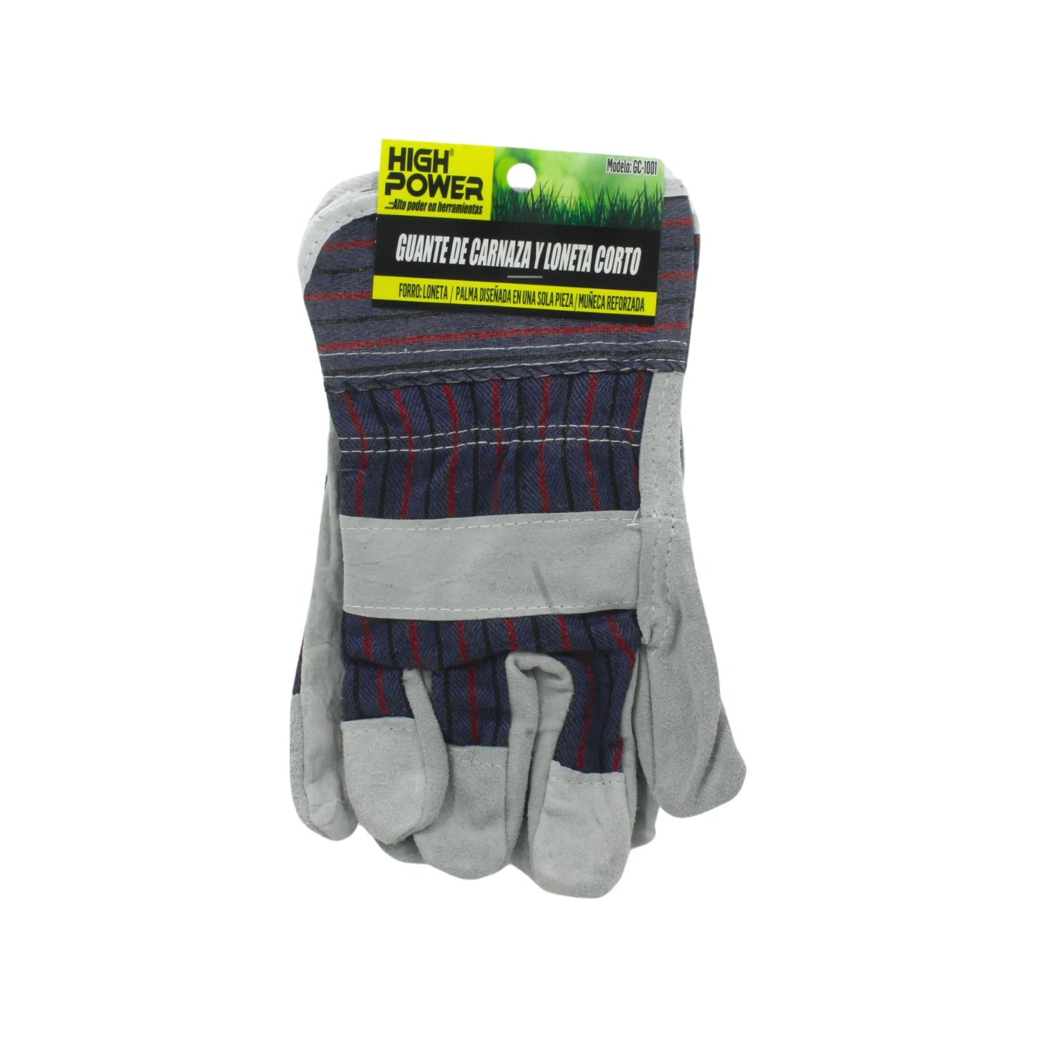 Guantes de trabajo High Power de carnaza y loneta, cortos, gris y azul, para protección manual en ferretería