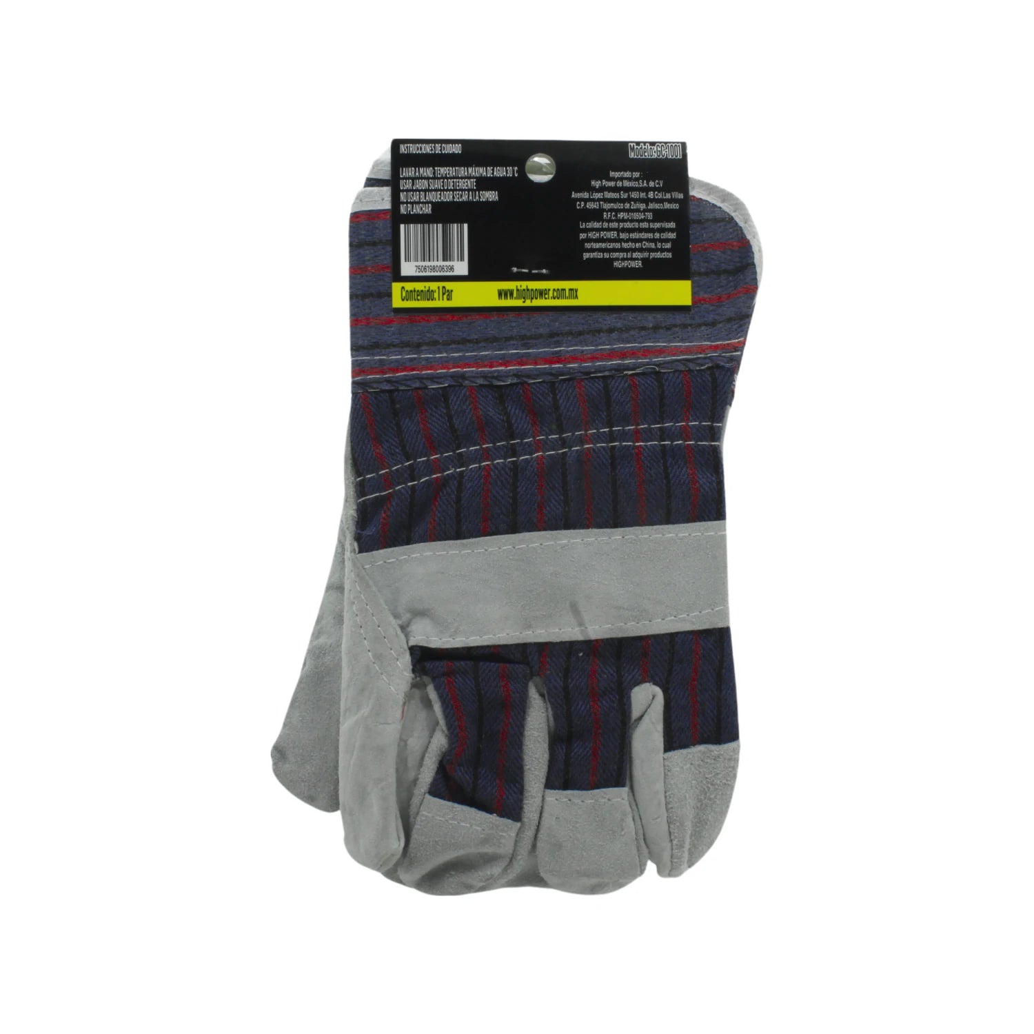 Guante de carnaza corto High Power GC-1001, azul a cuadros con refuerzos de cuero gris para trabajo.