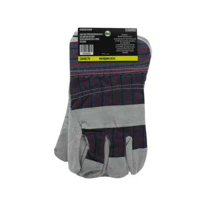 Guante de carnaza corto High Power GC-1001, azul a cuadros con refuerzos de cuero gris para trabajo.