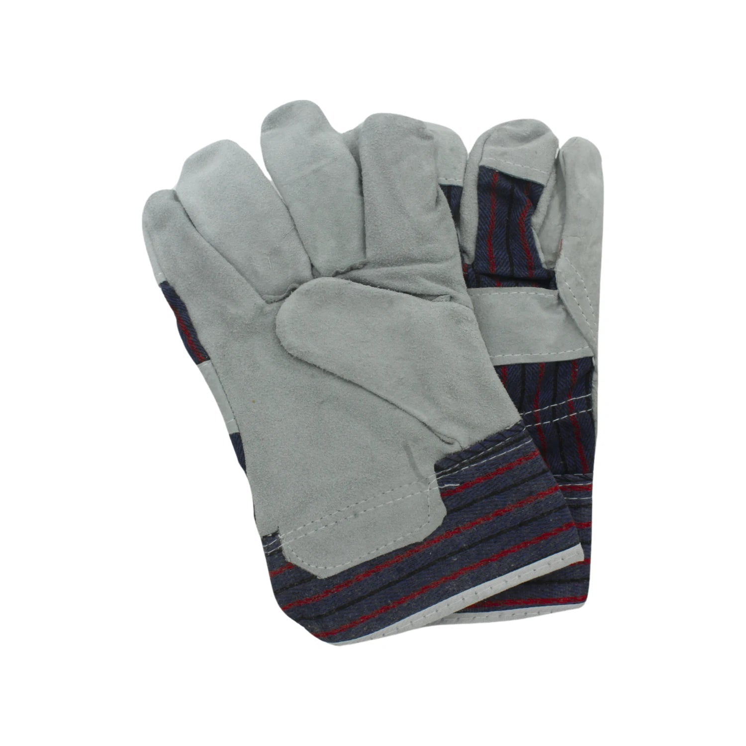 Guantes de trabajo de carnaza gris y tela a rayas azules/rojas para protección manual industrial