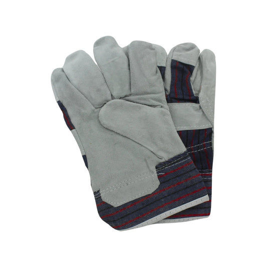 Guantes de trabajo de carnaza gris y tela a rayas azules/rojas para protección manual industrial