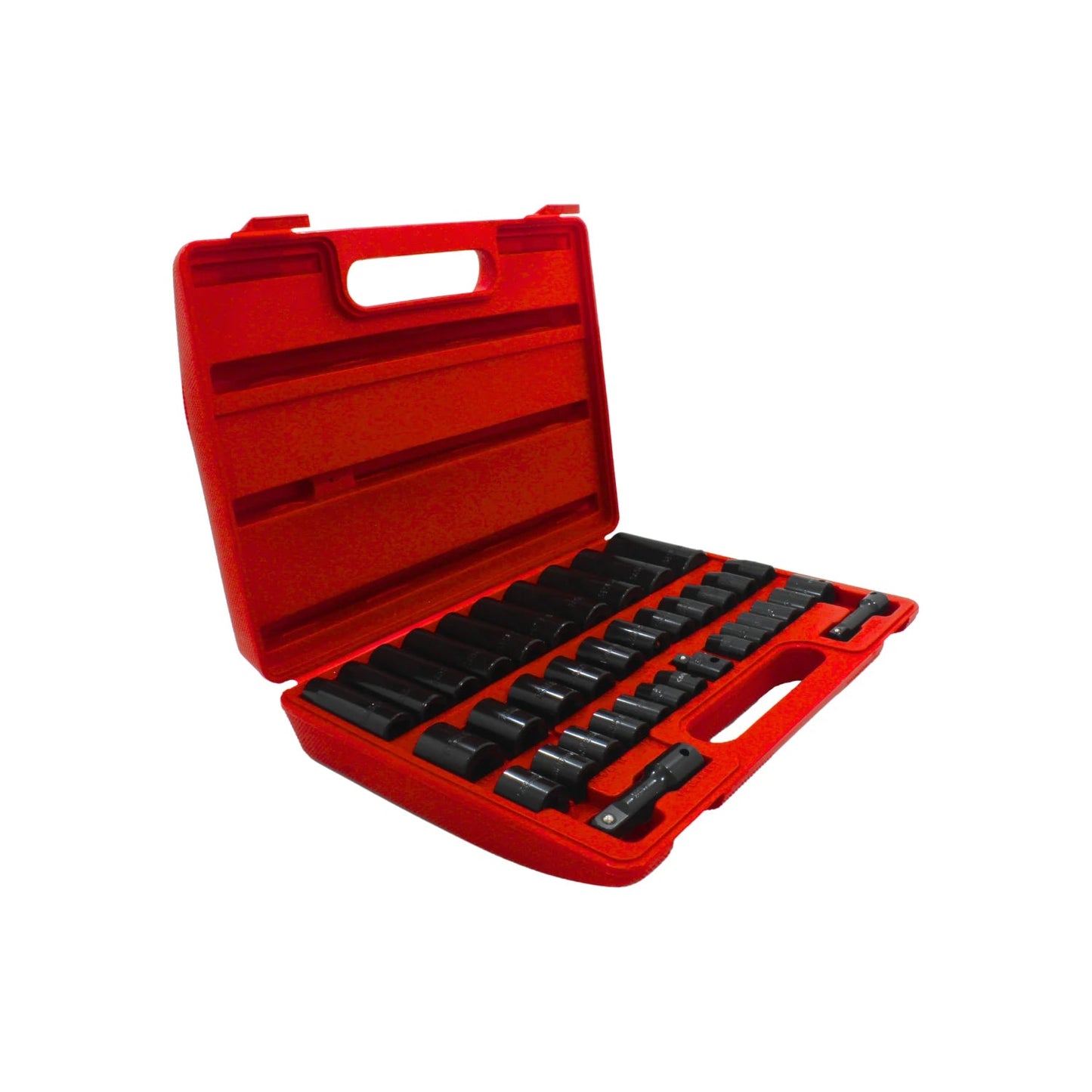 Juego de dados y extensiones negros en estuche rojo de 38 piezas, para mecánica automotriz.