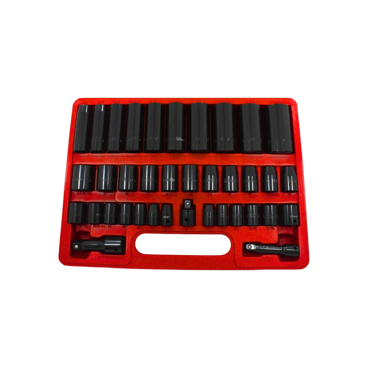 Juego de dados de impacto largos negros para uso profesional, medidas métricas y SAE, con extensiones en estuche rojo.