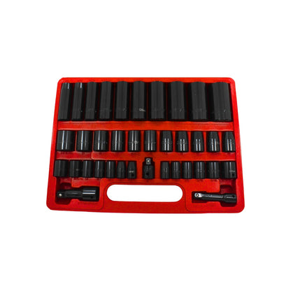 Juego de dados de impacto largos negros para uso profesional, medidas métricas y SAE, con extensiones en estuche rojo.