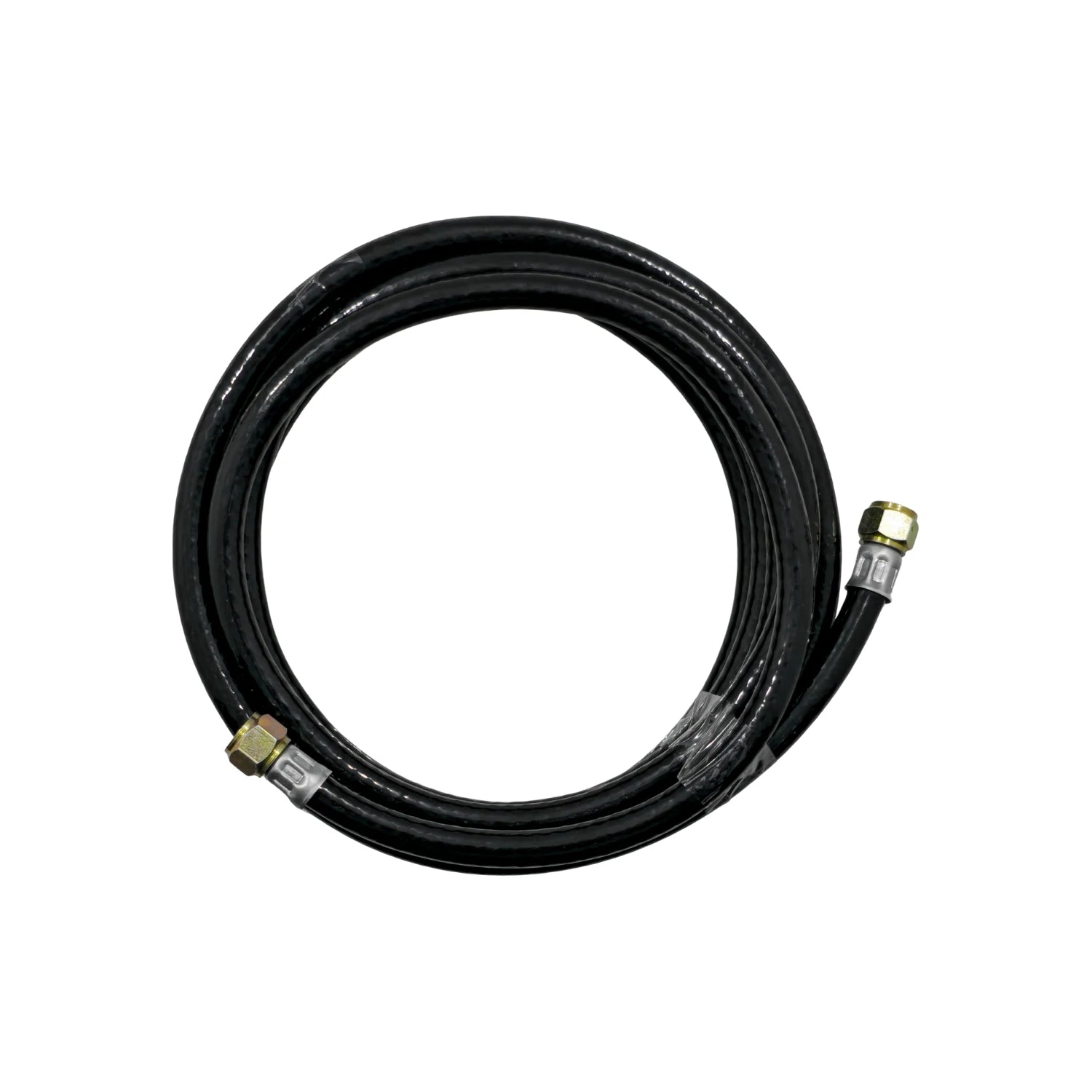 Manguera de compresora PVC negra 1/4" x 5m enrollada, con conectores metálicos en los extremos