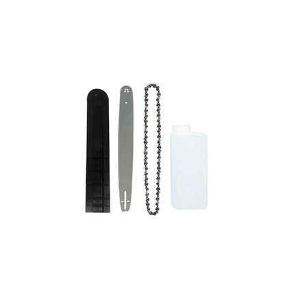 Accesorios de motosierra: barra guía plateada, cadena de corte, funda protectora negra y botella de combustible