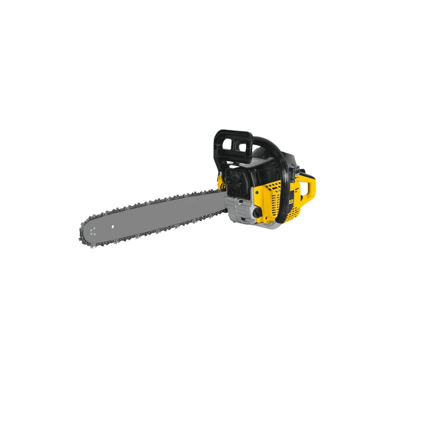 Motosierra a gasolina amarilla y negra con cadena afilada y mango ergonómico para corte de madera