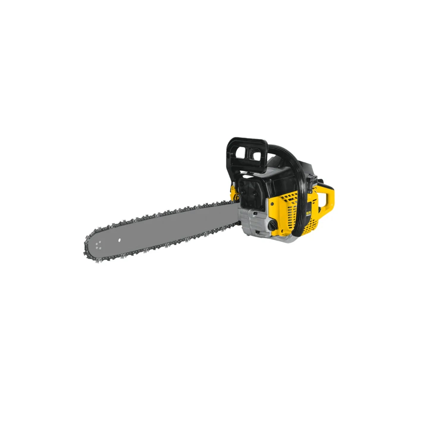 Motosierra a gasolina amarilla y negra con cadena afilada y mango ergonómico para corte de madera