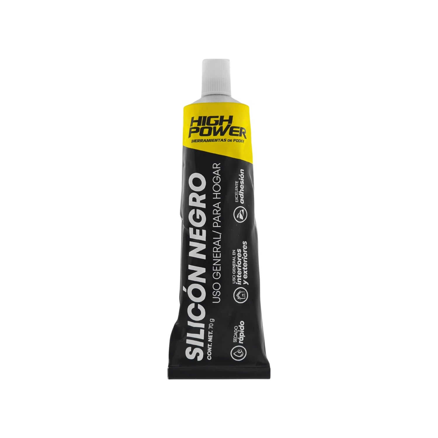 Sellador silicón negro High Power 70g, uso general hogar, interiores y exteriores, fuerte adhesión y secado rápido.