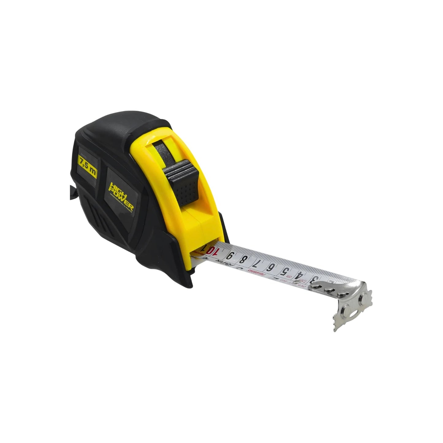Flexómetro High Power de 7.5 metros, carcasa resistente negra y amarilla, cinta métrica para construcción y ferretería.