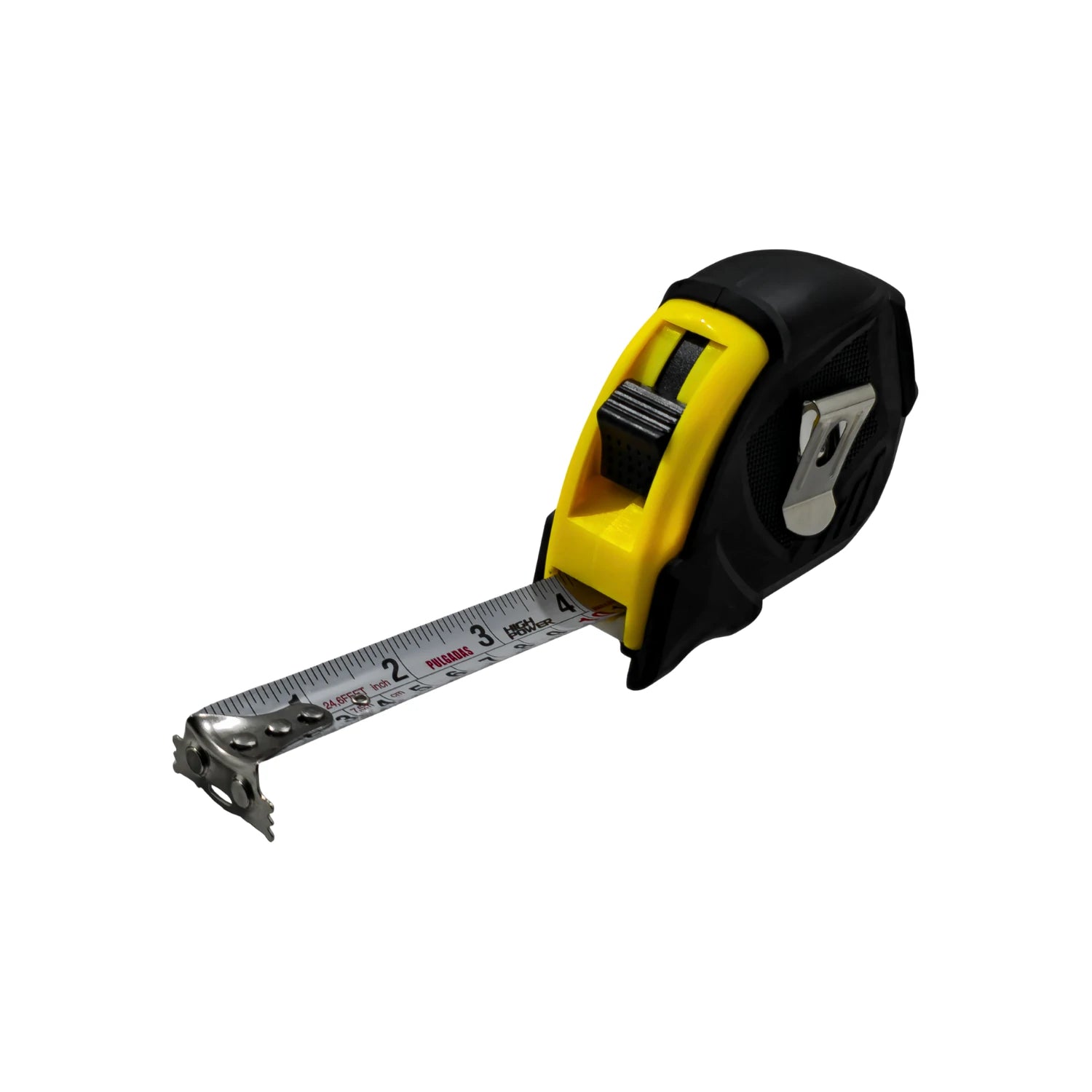 Flexómetro High Power 7.5 metros negro y amarillo, cinta métrica de acero con medidas en pulgadas y cm.