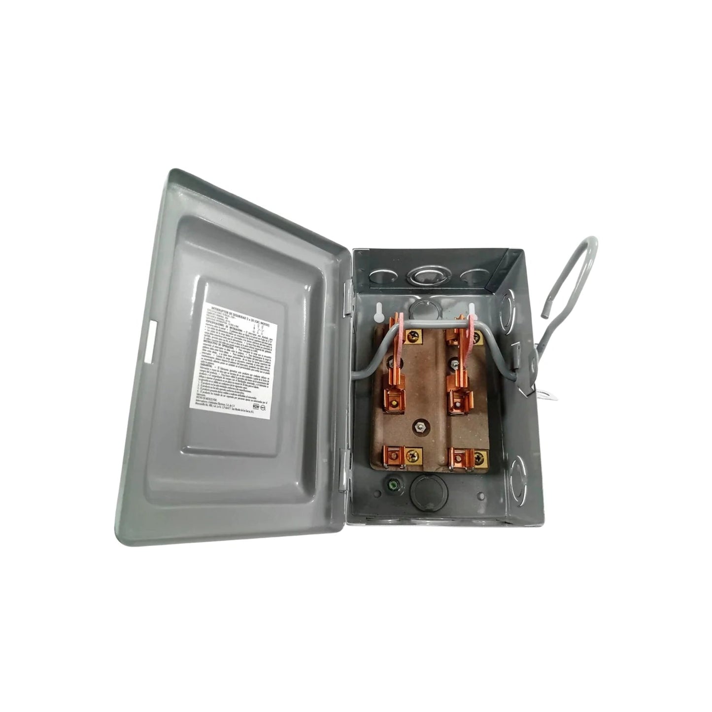 Interruptor de seguridad 2 polos, caja metálica gris abierta, base de porcelana con bornes de cobre cableados.
