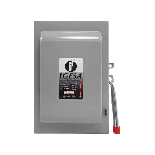 Interruptor de seguridad Igesa 2 polos 60A 250V, caja eléctrica gris.