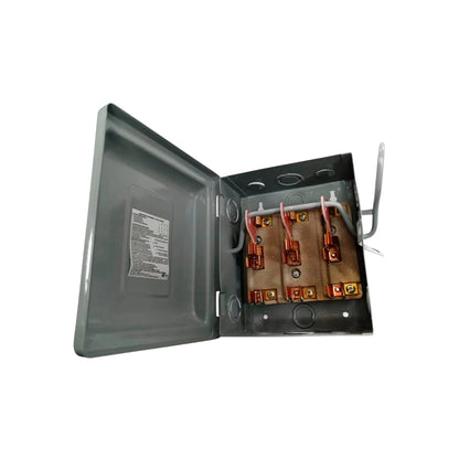 Interruptor de seguridad eléctrico 3 x 30 A de porcelana abierto, con caja metálica gris y contactos de cobre