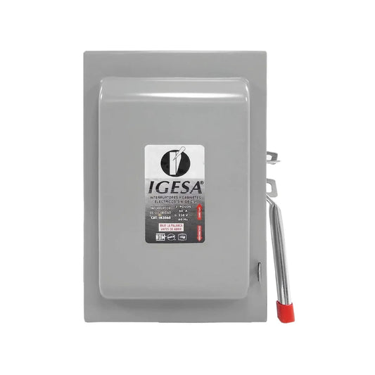 Interruptor de seguridad IGESA IN3060 eléctrico gris 3 polos, 60A, 250V, con palanca de desconexión.