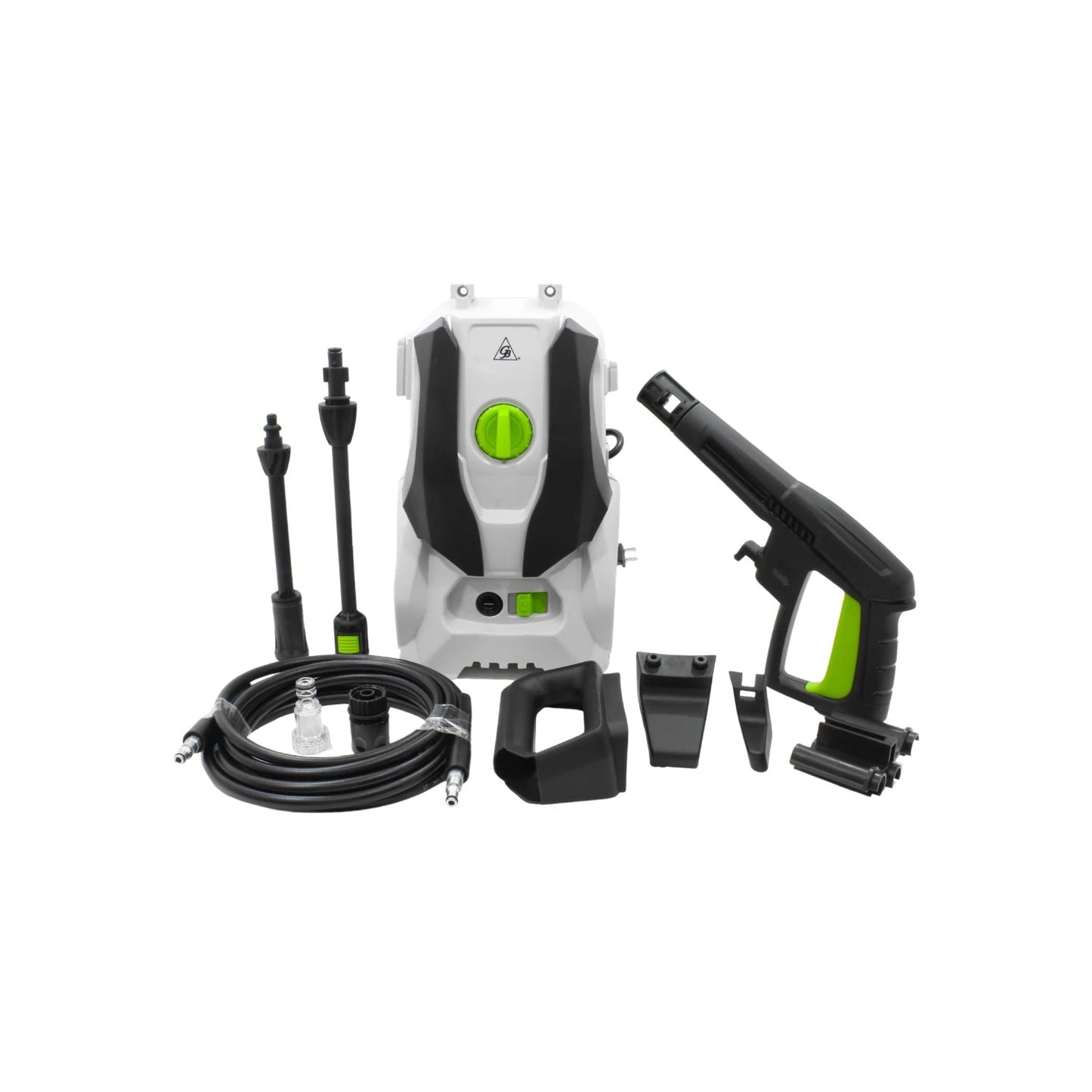 Hidrolavadora eléctrica compacta blanca y negra con detalles verdes, pistola, manguera y boquillas para limpieza.