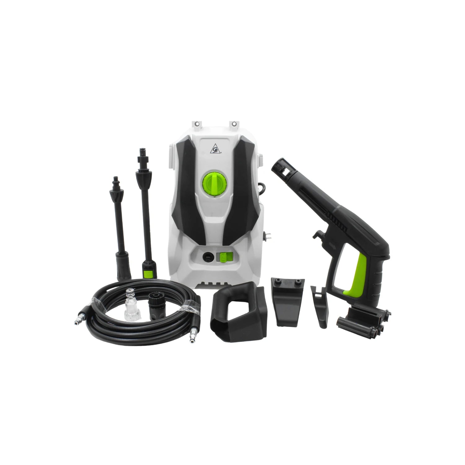 Hidrolavadora eléctrica compacta blanca y negra con detalles verdes, pistola, manguera y boquillas para limpieza.