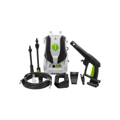 Hidrolavadora eléctrica compacta blanca y negra con detalles verdes, pistola, manguera y boquillas para limpieza.