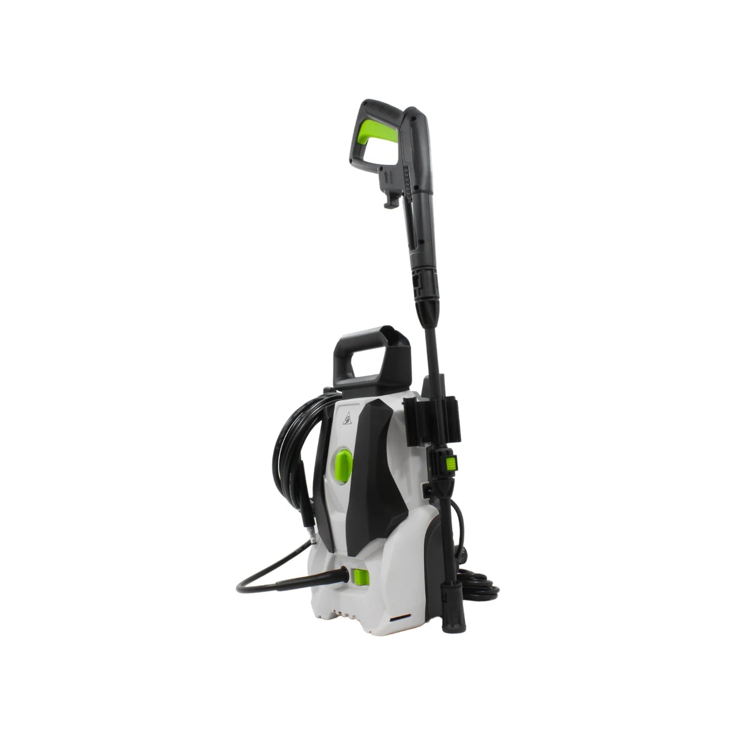 Hidrolavadora eléctrica 1400W compacta, blanca y negra con detalles verdes para limpieza potente de exteriores.