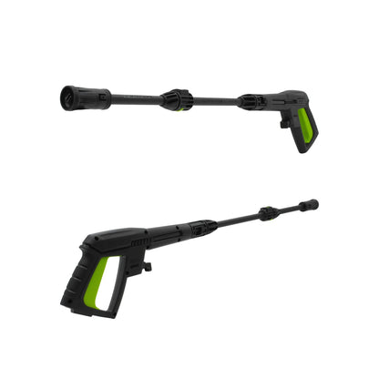 Pistola de hidrolavadora negra con gatillo verde, lanza ajustable para limpieza a alta presión