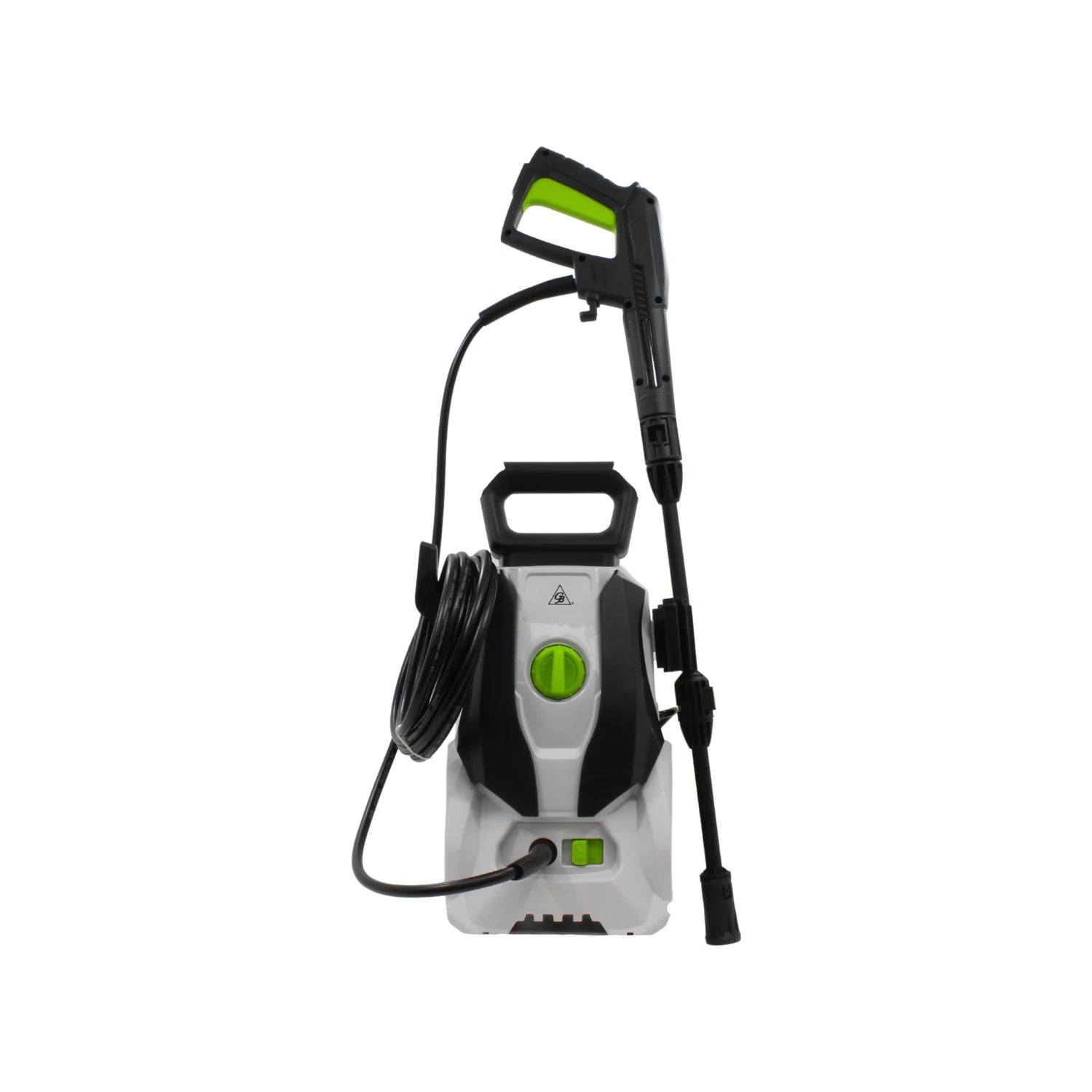 Hidrolavadora eléctrica compacta blanca y negra con detalles verdes, pistola de alta presión y manguera para limpieza.