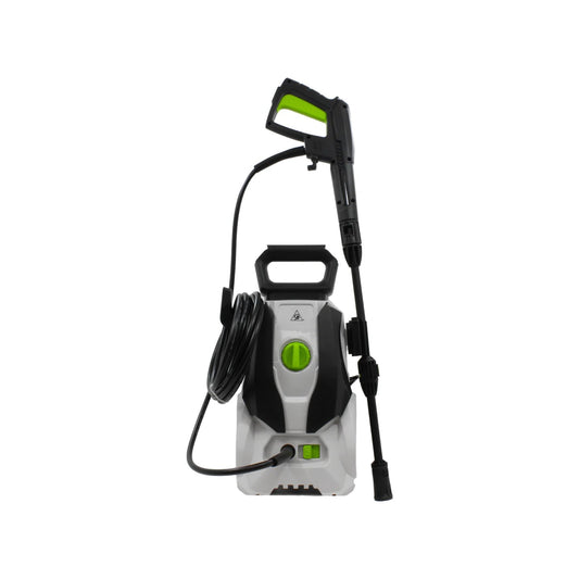 Hidrolavadora eléctrica compacta blanca y negra con detalles verdes, pistola de alta presión y manguera para limpieza.