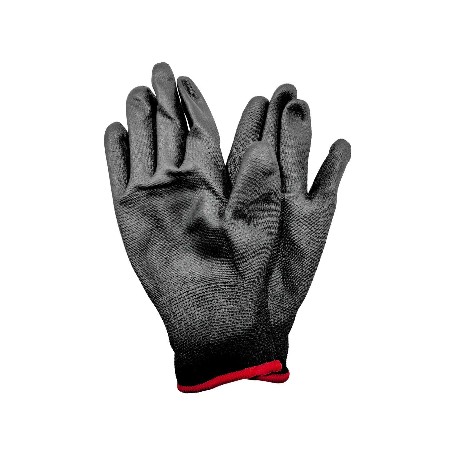 Guantes de trabajo negros con recubrimiento de poliuretano, antiderrapantes y puño rojo