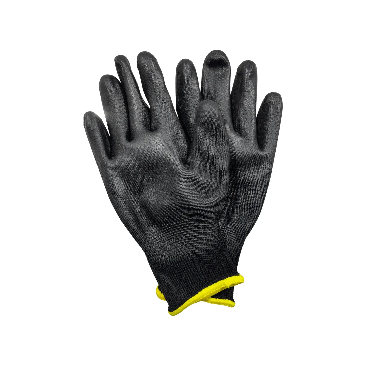 Guantes de trabajo negros con recubrimiento de poliuretano antiderrapante y puño amarillo para protección