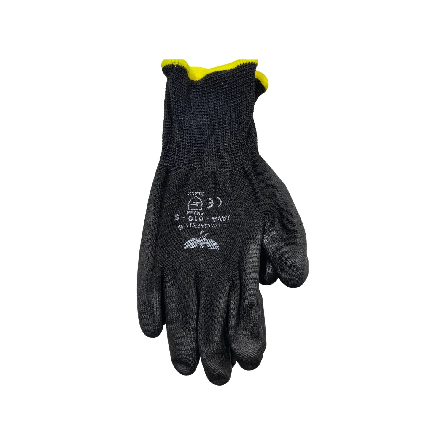 Guante de trabajo Javasafety JAVA G10-8 negro talla 8, poliuretano antiderrapante, puño elástico amarillo, EN388