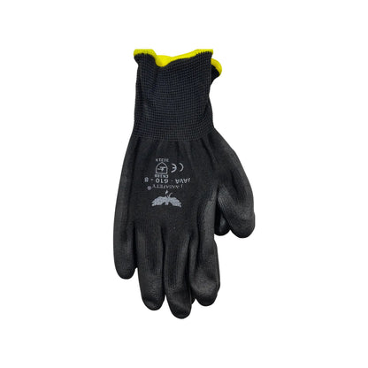 Guante de trabajo Javasafety JAVA G10-8 negro talla 8, poliuretano antiderrapante, puño elástico amarillo, EN388
