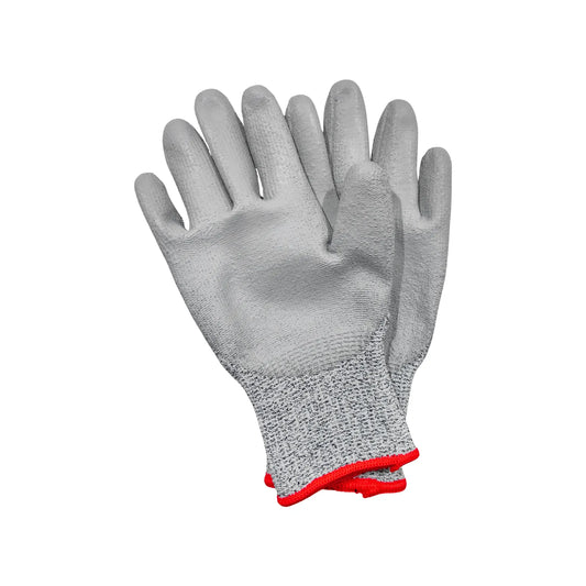 Guantes de seguridad anticorte gris con recubrimiento de poliuretano, puño tejido rojo