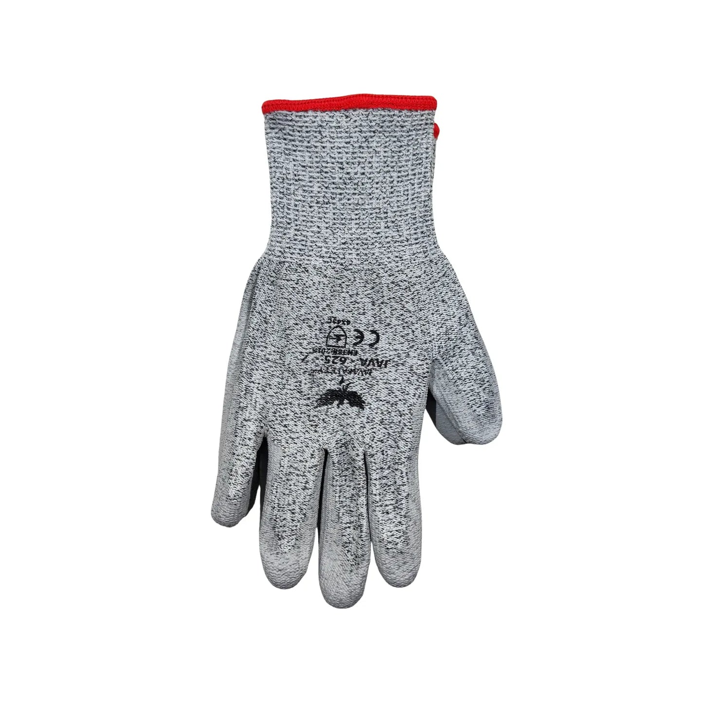 Guante de trabajo anticorte Javasafety JAVA-625 gris, recubierto de poliuretano, protección EN 388 para seguridad manual.
