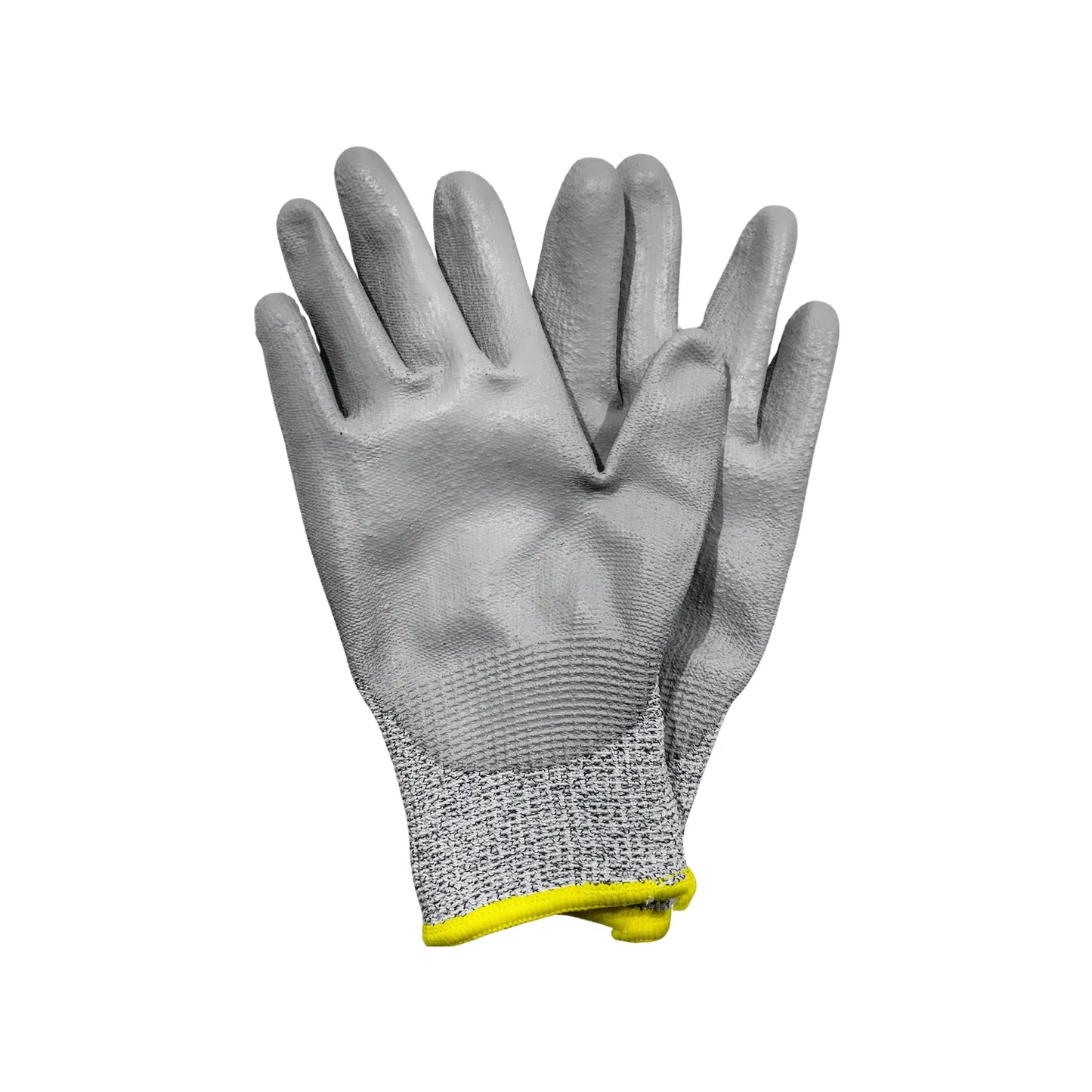 Guantes de seguridad anticorte grises con recubrimiento de poliuretano y puño amarillo para protección industrial