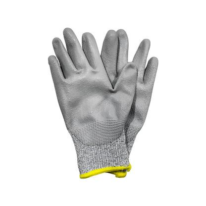 Guantes de seguridad anticorte grises con recubrimiento de poliuretano y puño amarillo para protección industrial