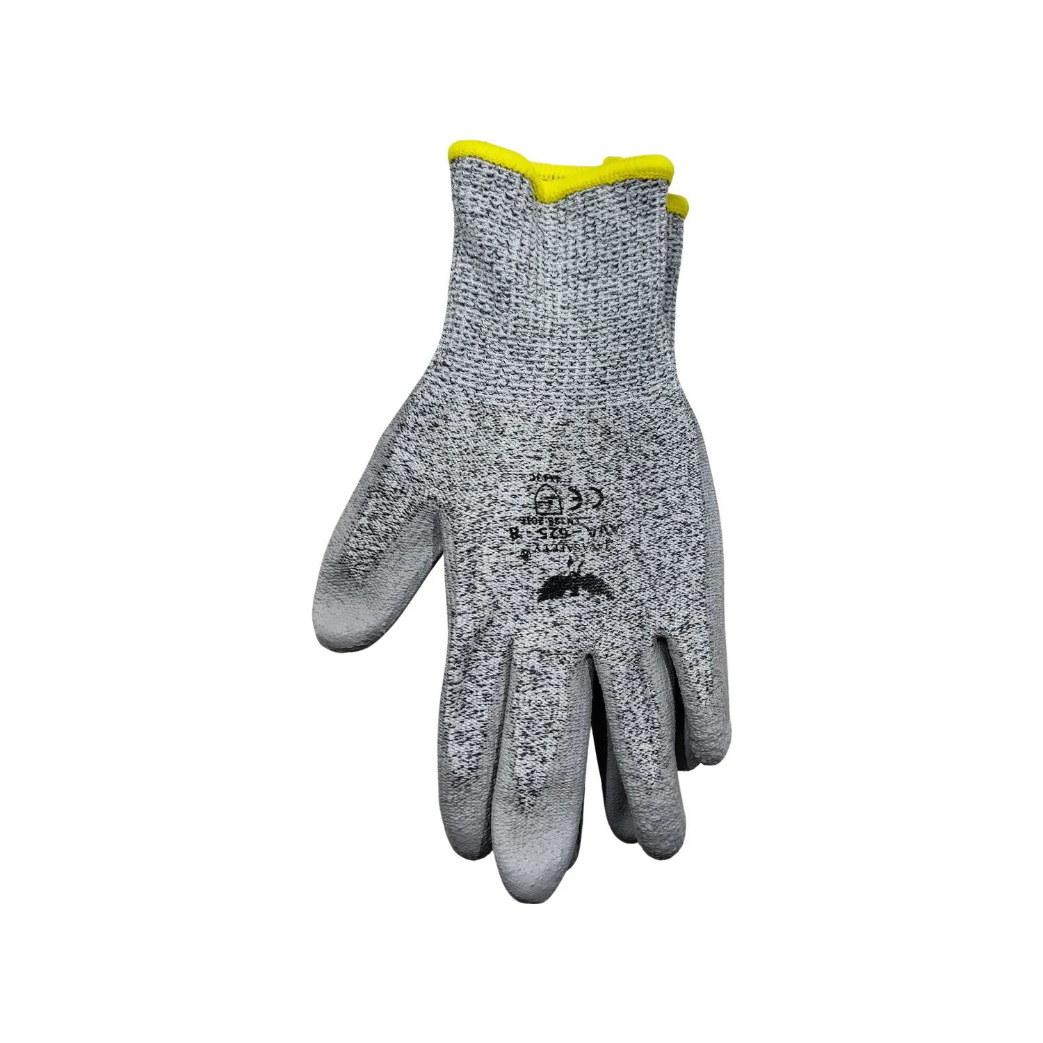 Guante anticorte gris Javasafety con puño amarillo, talla 8, recubrimiento poliuretano para protección laboral.